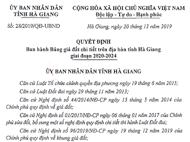 Bảng giá đất UBND tỉnh Hà Giang giai đoạn 2020 đến 2024.